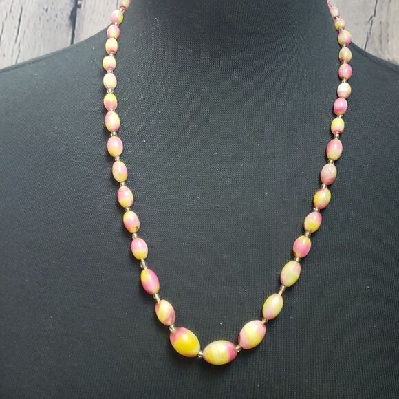 Vintage Pink and Yellow Beaded Necklace - Picture 1 of 5